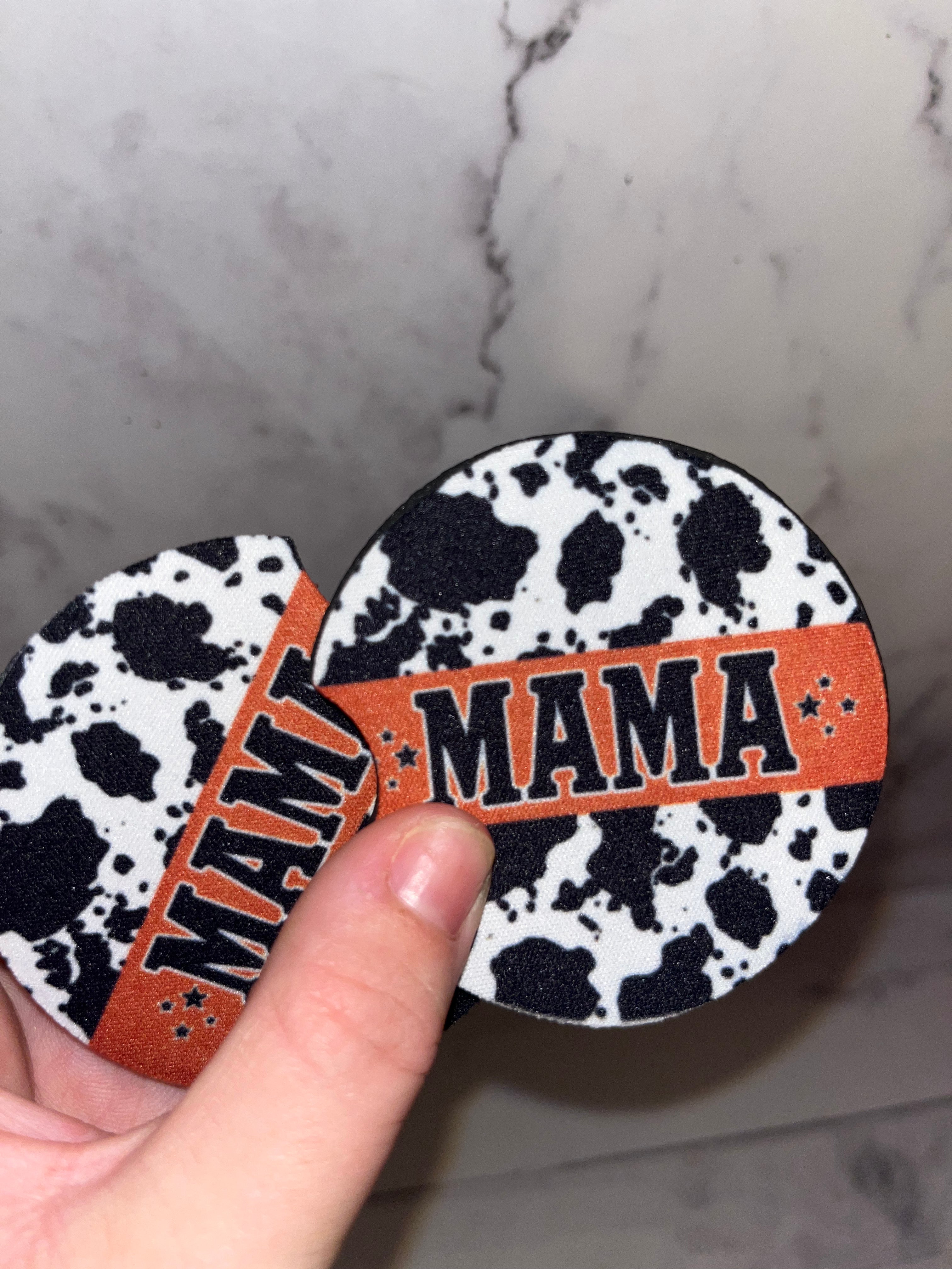 Mama cowprint car coaster set