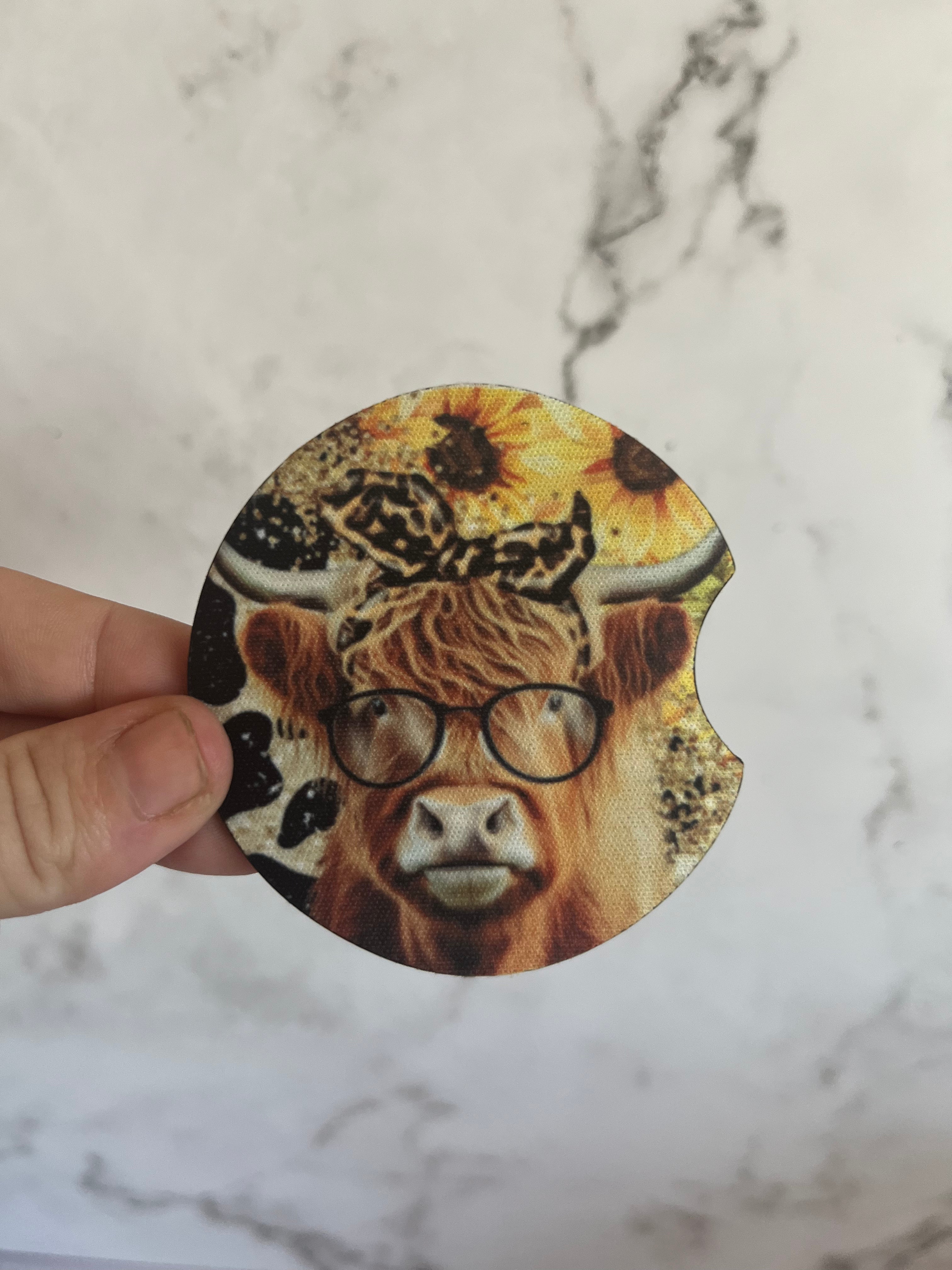 Cow Wearing Glasses Car Coaster Set